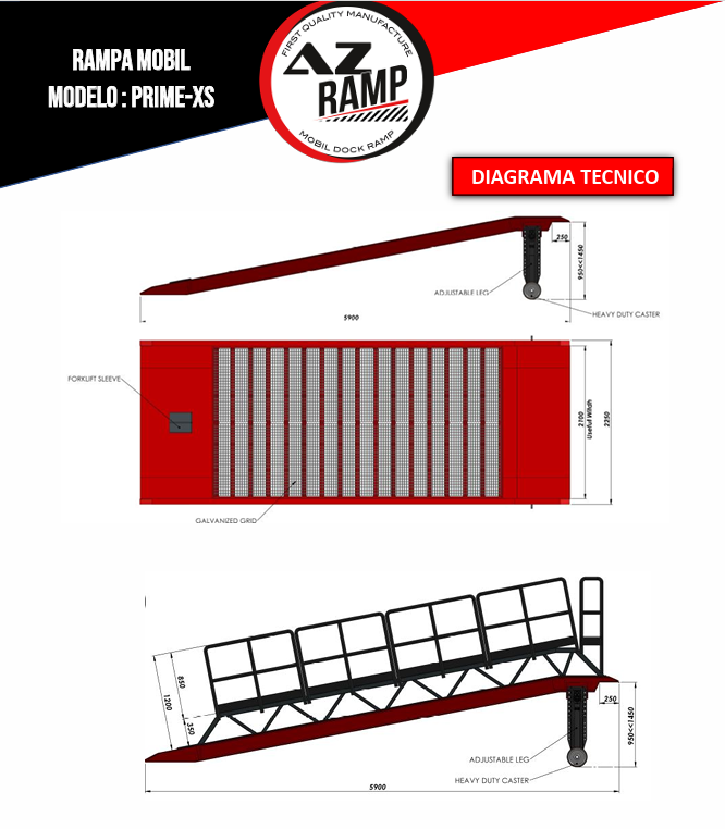 Descubre el esquema de la rampa PRIME XS de AZ RAMP, una solución compacta y eficiente para tus necesidades de carga. Con capacidades de hasta 10000 kg y ajuste de altura, garantiza un rendimiento óptimo en entornos industriales.