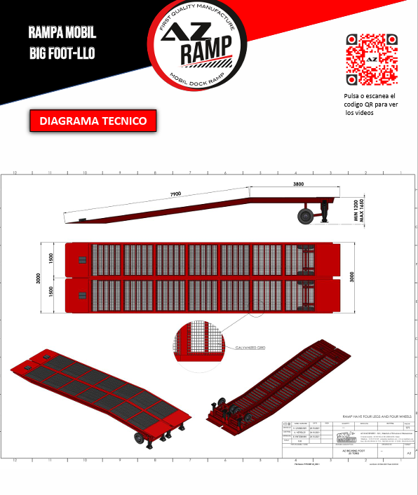 Este es un diagrama descriptivo de la rampa Big Foot de 15 toneladas, proporcionando detalles sobre sus características y dimensiones para una mejor comprensión de su funcionamiento y aplicaciones.