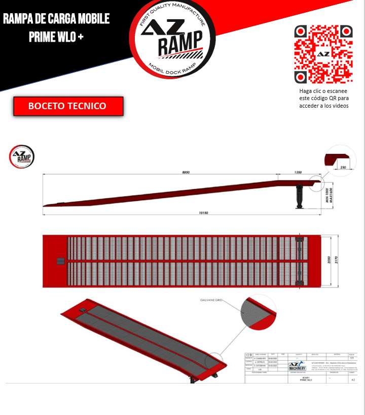 Descubre la ingeniería detrás de nuestra rampa PRIME WLO+. Este esquema te muestra cada detalle de su diseño robusto y versátil. Con capacidad para 8 000 Kg y una plataforma antideslizante galvanizada, garantiza seguridad y eficiencia en cada uso. Confía en AZ RAMP para tus necesidades de carga y descarga.