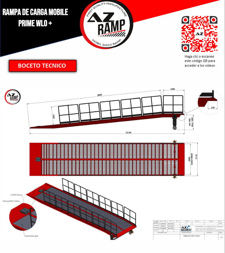 Descubre el esquema detallado de la rampa PRIME WLO+ con barandas de seguridad de 120 cm de altura. Un diseño pensado para garantizar la seguridad durante las operaciones de carga y descarga. Elije la tranquilidad con AZ RAMP.