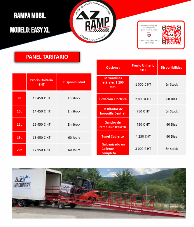 Descubra nuestro panel tarifario de la rampa Easy XL, una solución versátil y móvil para sus necesidades logísticas. Este panel le proporcionará información detallada sobre precios y especificaciones, permitiéndole seleccionar la mejor opción para su negocio. Optimice sus operaciones de carga y descarga con Easy XL.