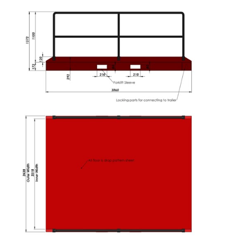 Rampa móvil de la marca AZ RAMP, tipo CLR8. Con capacidad nominal de 8,000 Kg, dimensiones de 3,060 x 2,438 x (alto) 1,272 mm y peso propio de 450 Kg. Incluye barandas laterales de 1,100 mm y está disponible en color rojo.