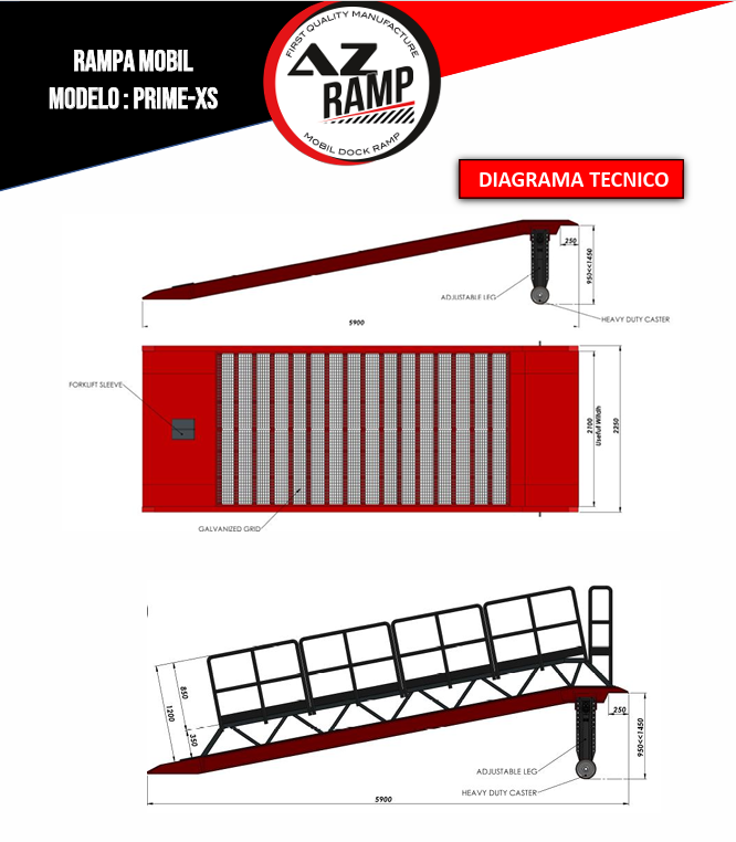  Descubre el esquema de la rampa PRIME XS de AZ RAMP, una solución compacta y eficiente para tus necesidades de carga. Con capacidades de hasta 6,000 kg y ajuste de altura, garantiza un rendimiento óptimo en entornos industriales.