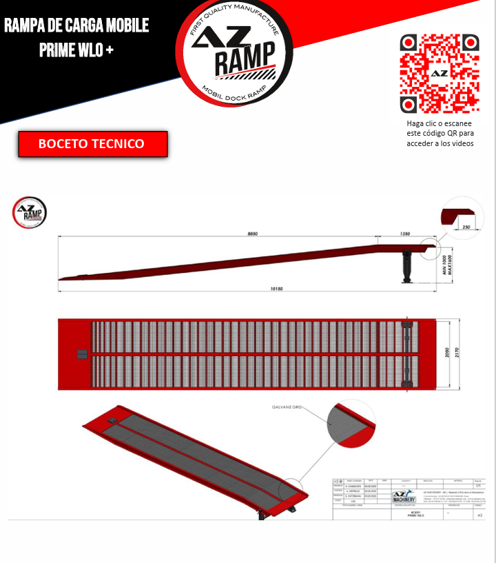  Descubre la ingeniería detrás de nuestra rampa PRIME WLO+. Este esquema te muestra cada detalle de su diseño robusto y versátil. Con capacidad para 10 000 Kg y una plataforma antideslizante galvanizada, garantiza seguridad y eficiencia en cada uso. Confía en AZ RAMP para tus necesidades de carga y descarga.