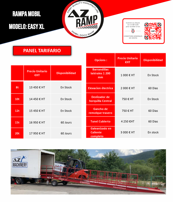  Descubra nuestro panel tarifario de la rampa Easy XL, una solución versátil y móvil para sus necesidades logísticas. Este panel le proporcionará información detallada sobre precios y especificaciones, permitiéndole seleccionar la mejor opción para su negocio. Optimice sus operaciones de carga y descarga con Easy XL.